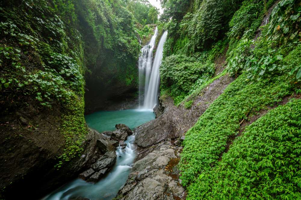 Air terjun Gitgit di Buleleng dengan air jernih jatuh dari tebing tinggi ke kolam alam yang dikelilingi hutan